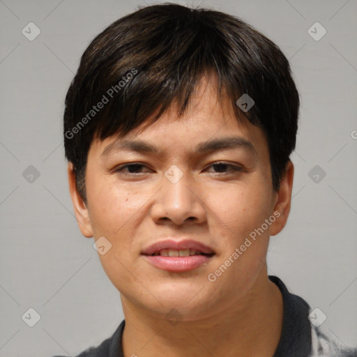 Joyful asian young-adult male with short  brown hair and brown eyes