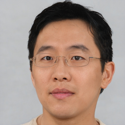 Joyful asian adult male with short  brown hair and brown eyes