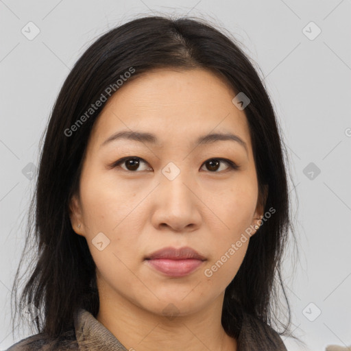 Neutral asian young-adult female with long  brown hair and brown eyes