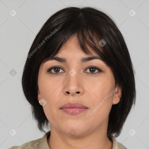 Neutral asian young-adult female with medium  brown hair and brown eyes