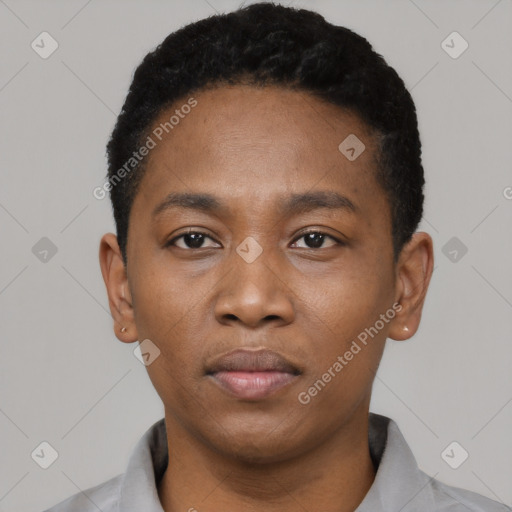 Neutral black young-adult male with short  black hair and brown eyes