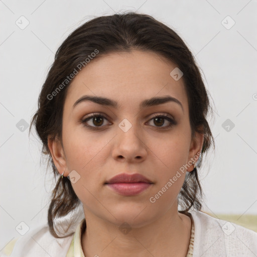 Neutral white young-adult female with medium  brown hair and brown eyes