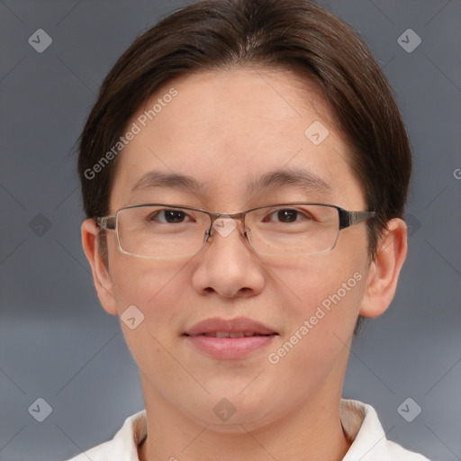 Joyful white adult female with short  brown hair and brown eyes