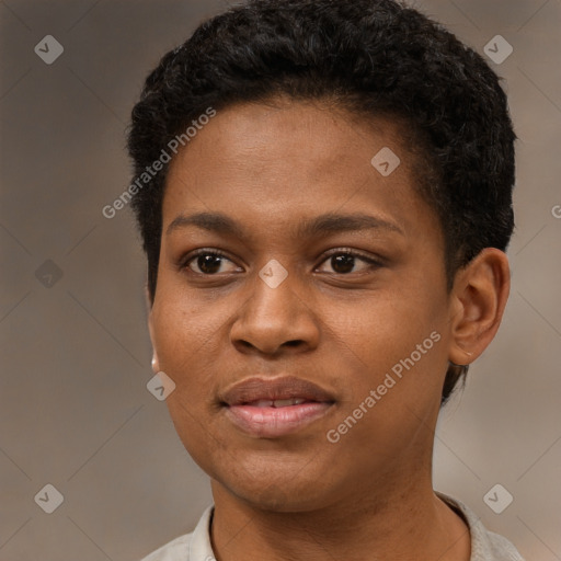 Joyful black young-adult female with short  brown hair and brown eyes