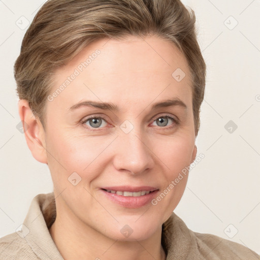 Joyful white young-adult female with short  brown hair and grey eyes