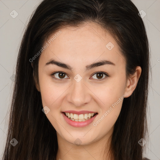 Joyful white young-adult female with long  brown hair and brown eyes