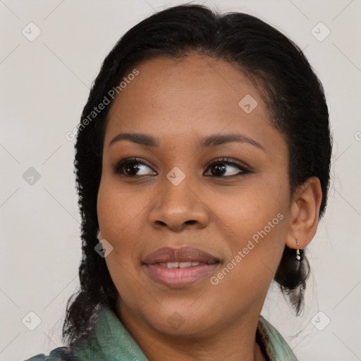 Joyful black young-adult female with medium  brown hair and brown eyes