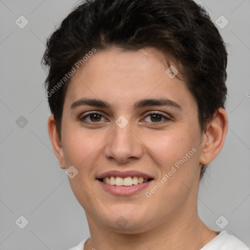 Joyful white young-adult female with short  brown hair and brown eyes