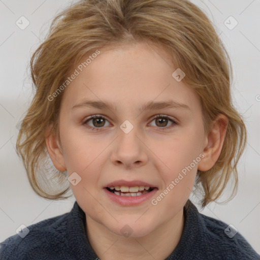 Joyful white child female with medium  brown hair and brown eyes