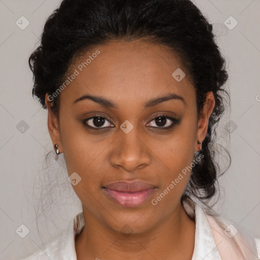 Joyful black young-adult female with medium  black hair and brown eyes