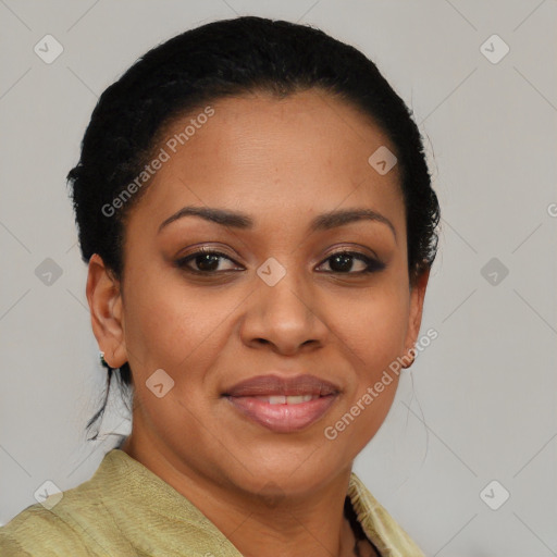 Joyful latino young-adult female with short  brown hair and brown eyes