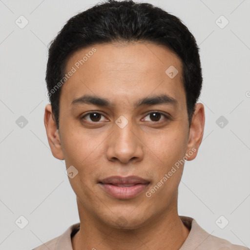 Neutral latino young-adult male with short  black hair and brown eyes