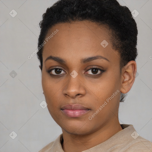 Neutral black young-adult female with short  black hair and brown eyes