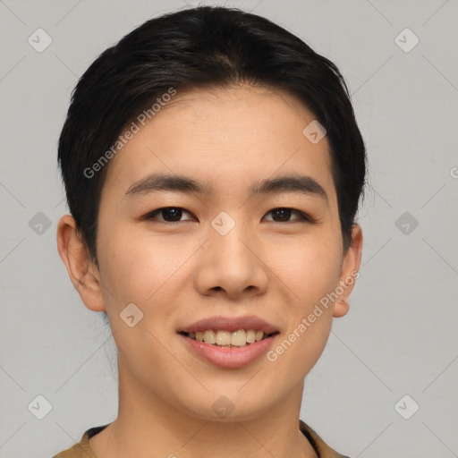 Joyful asian young-adult male with short  brown hair and brown eyes