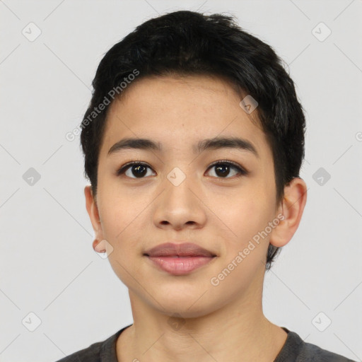 Joyful latino young-adult female with short  black hair and brown eyes