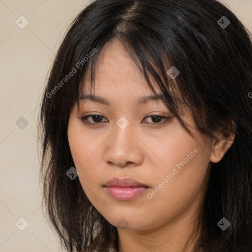 Neutral asian young-adult female with long  brown hair and brown eyes