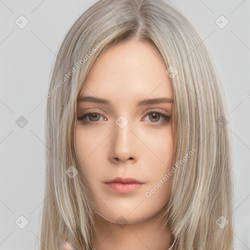 Neutral white young-adult female with long  brown hair and brown eyes