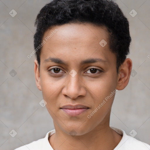 Joyful latino young-adult female with short  brown hair and brown eyes