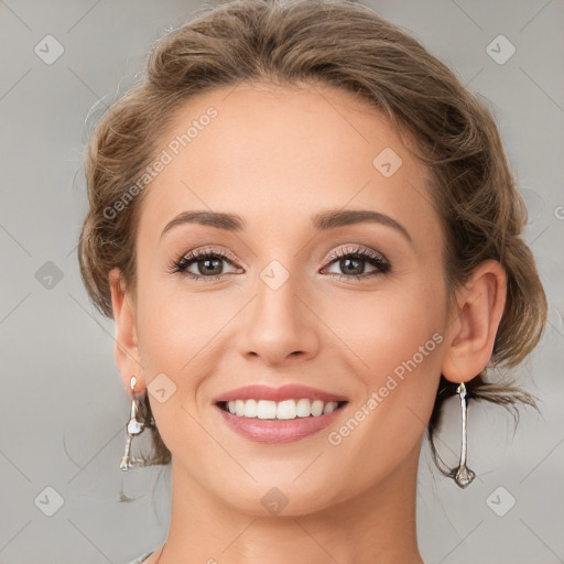 Joyful white young-adult female with medium  brown hair and grey eyes