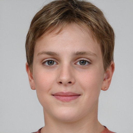 Joyful white child female with short  brown hair and grey eyes