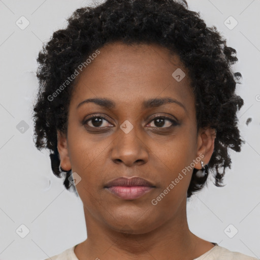 Neutral black young-adult female with short  brown hair and brown eyes