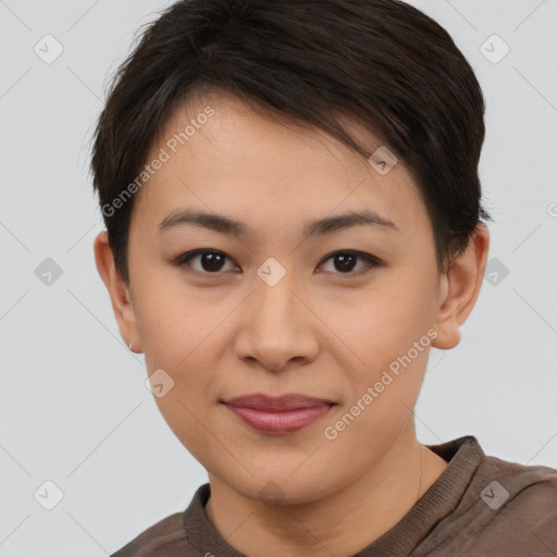 Joyful asian young-adult female with short  brown hair and brown eyes