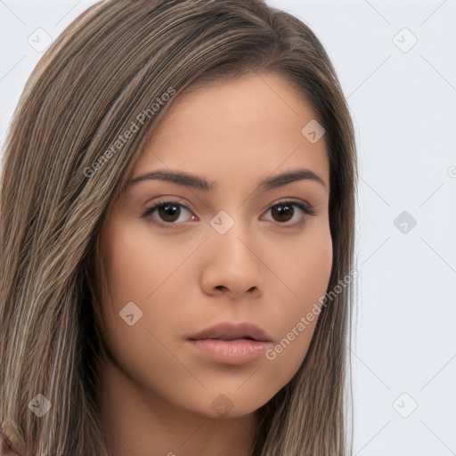 Neutral white young-adult female with long  brown hair and brown eyes