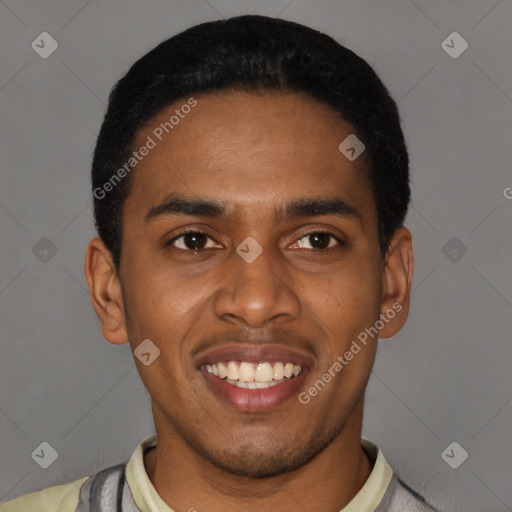 Joyful latino young-adult male with short  black hair and brown eyes