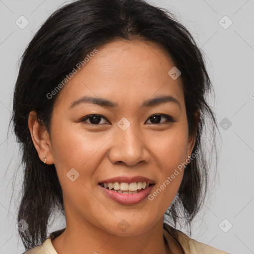 Joyful asian young-adult female with medium  brown hair and brown eyes