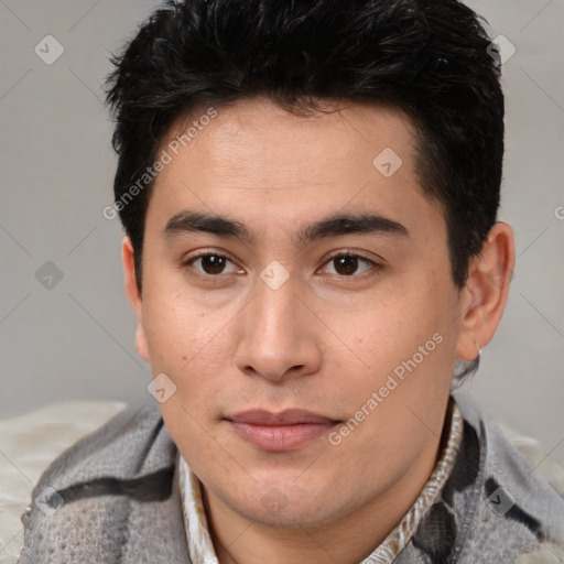 Joyful latino young-adult male with short  brown hair and brown eyes