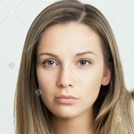 Neutral white young-adult female with long  brown hair and grey eyes