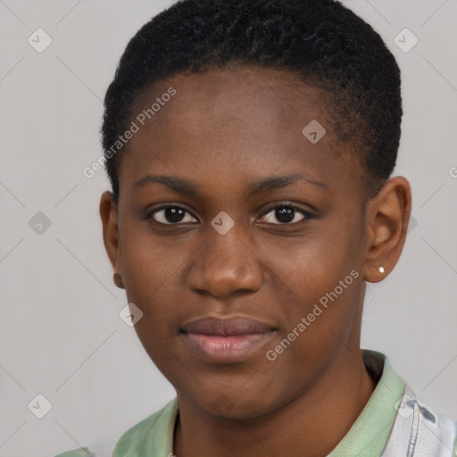 Joyful black young-adult female with short  brown hair and brown eyes