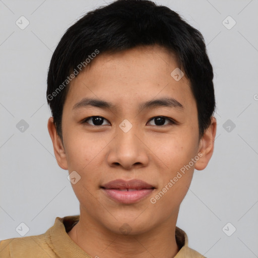 Neutral asian young-adult male with short  black hair and brown eyes