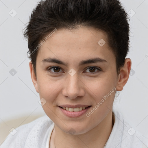 Joyful white young-adult female with short  brown hair and brown eyes