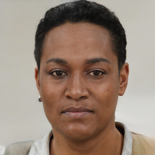 Neutral latino adult female with short  black hair and brown eyes