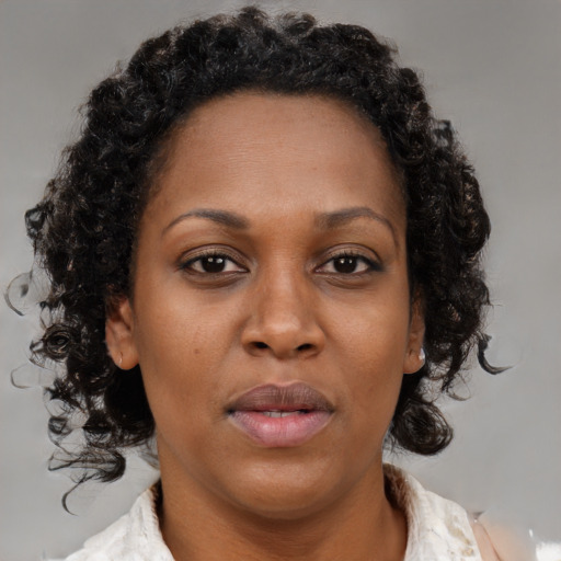 Neutral black adult female with medium  brown hair and brown eyes