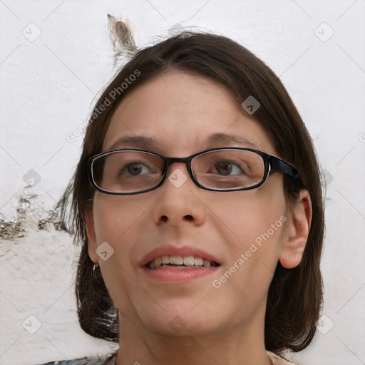 Joyful white young-adult female with medium  brown hair and blue eyes