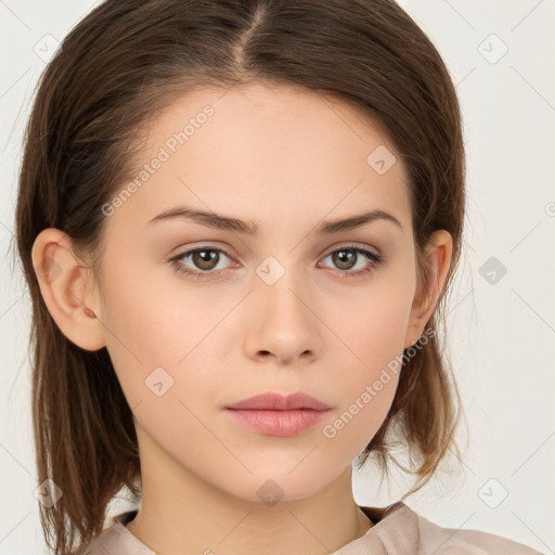 Neutral white young-adult female with medium  brown hair and brown eyes