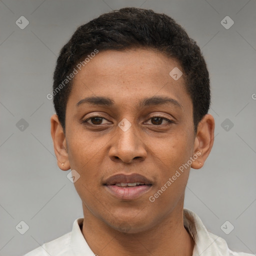 Joyful latino young-adult male with short  brown hair and brown eyes