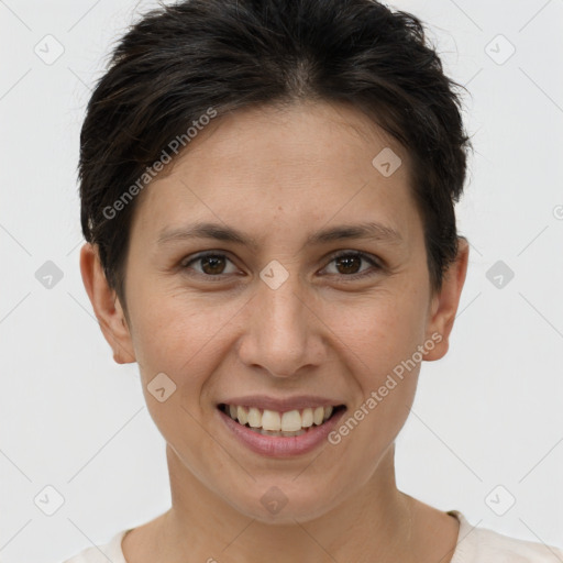 Joyful white young-adult female with short  brown hair and brown eyes