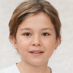 Joyful white child female with short  brown hair and brown eyes