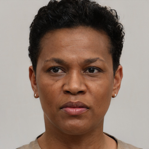 Neutral black young-adult female with short  black hair and brown eyes