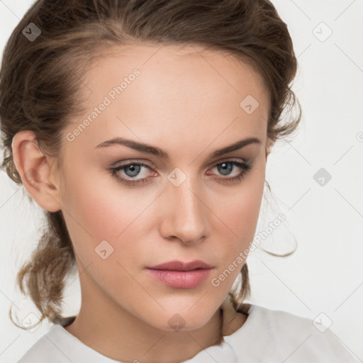 Neutral white young-adult female with medium  brown hair and grey eyes