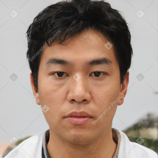 Neutral asian young-adult male with short  black hair and brown eyes
