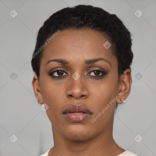 Neutral black young-adult female with short  black hair and brown eyes