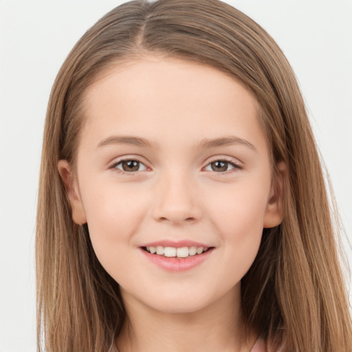 Joyful white child female with long  brown hair and brown eyes