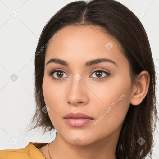 Neutral white young-adult female with long  brown hair and brown eyes