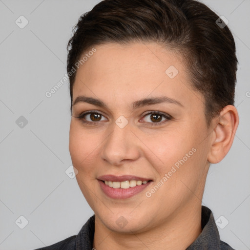 Joyful white young-adult female with short  brown hair and brown eyes