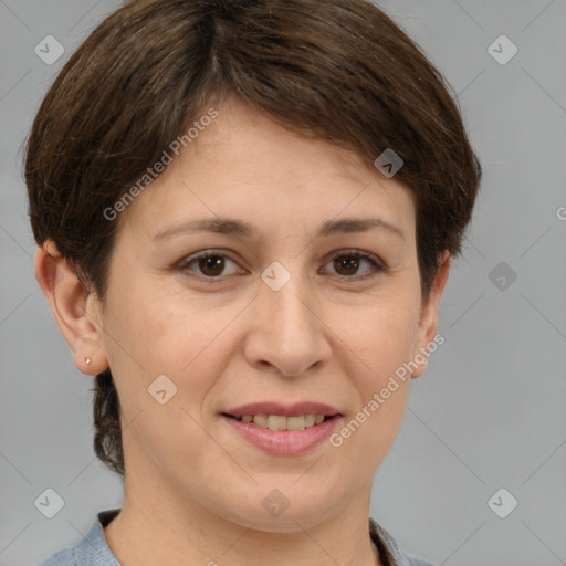 Joyful white adult female with short  brown hair and brown eyes