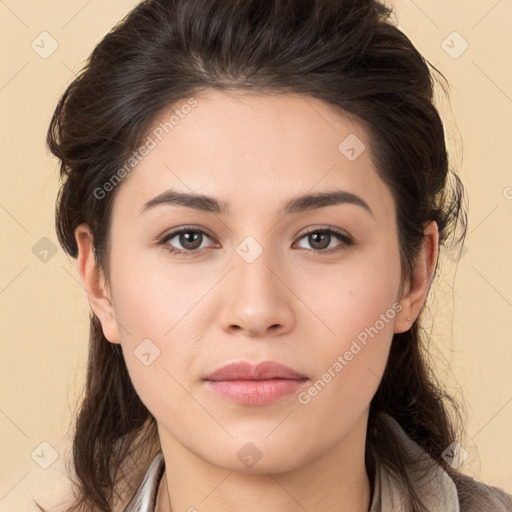 Neutral white young-adult female with long  brown hair and brown eyes